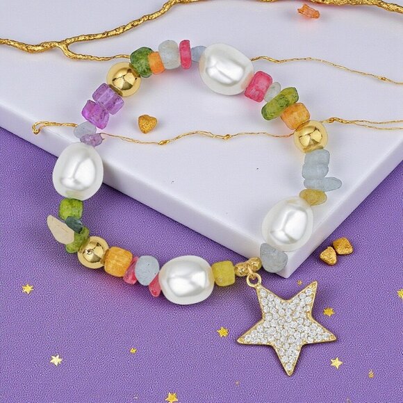 π Y2K Style Colorful Gemstone Bracelet W/ Zirconia Star Charm Stainless Steel - Picture 5 of 13